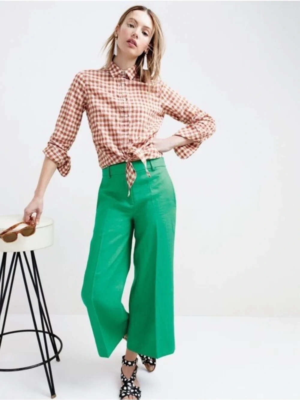 J. Crew Linen Gazebo Trouser Pants High Rise Wide Leg Vintage Kelly Green